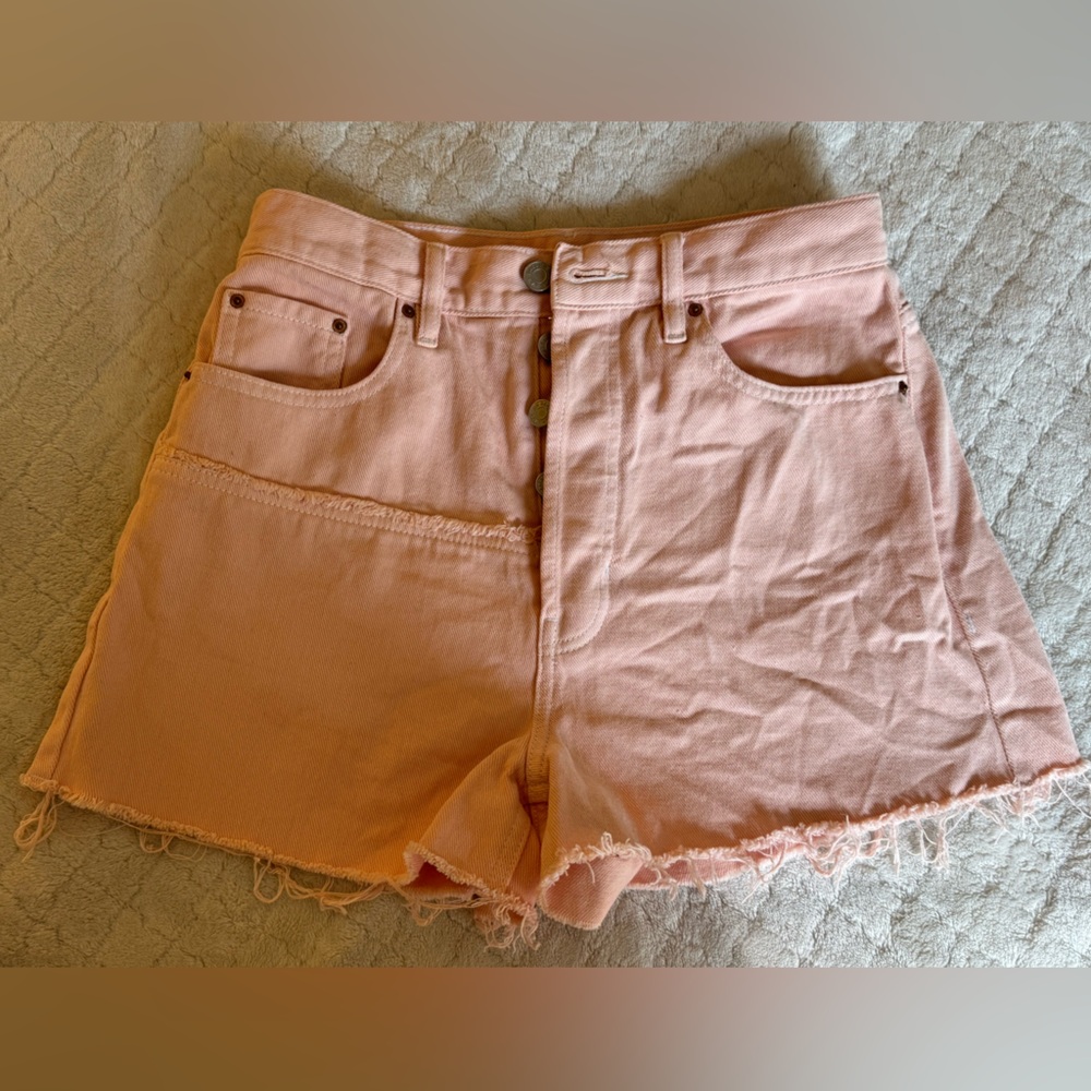 Light peach, high rise (waist) shorts; Size: 26; Button closure; Worn once